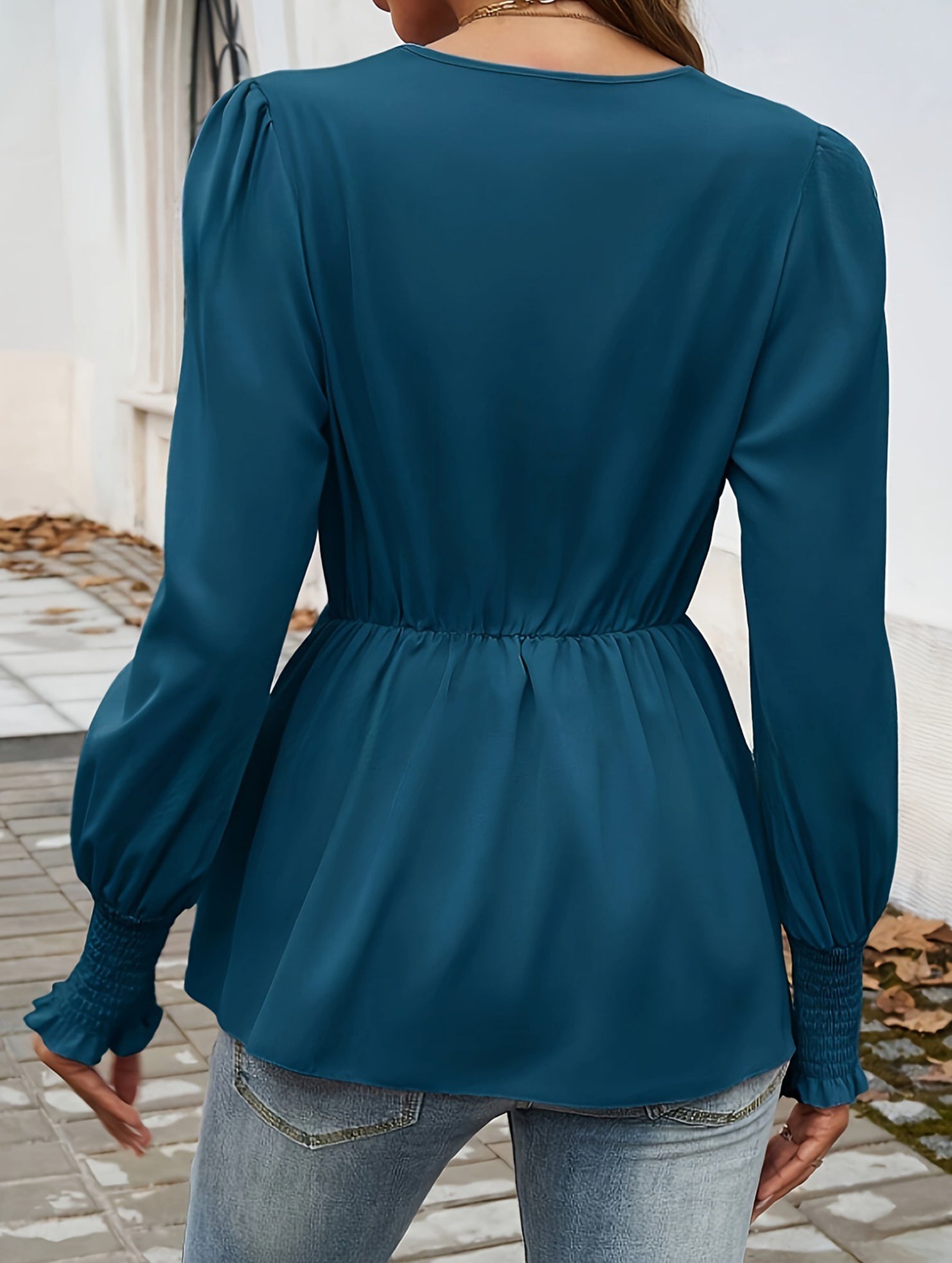 Deep V Tie Waist Lantern Sleeve Shirt