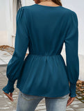 Deep V Tie Waist Lantern Sleeve Shirt