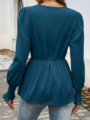 Deep V Tie Waist Lantern Sleeve Shirt