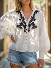 Floral Embroidery Button Shirt
