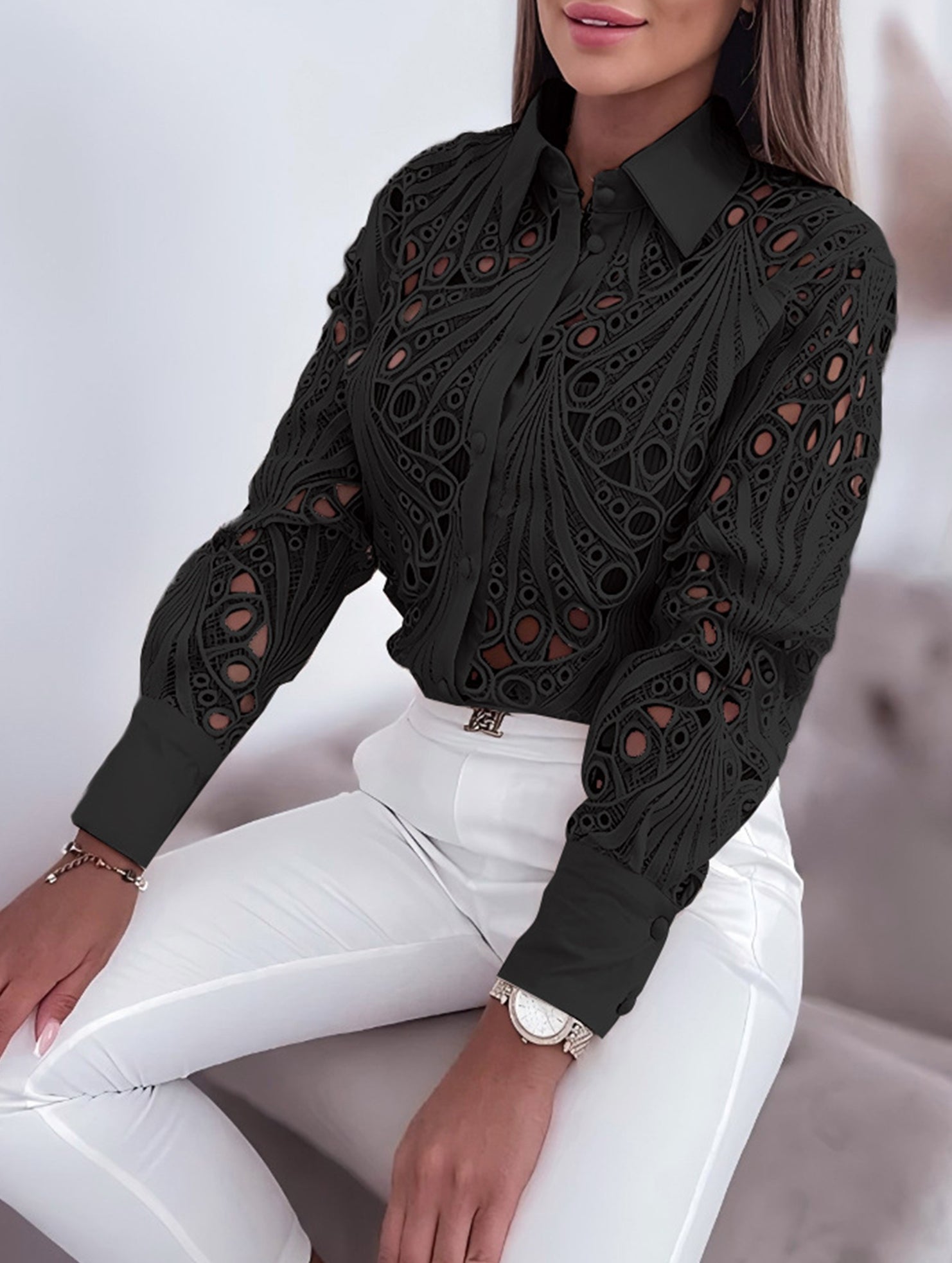 Lace Hollow Long Sleeve Shirt