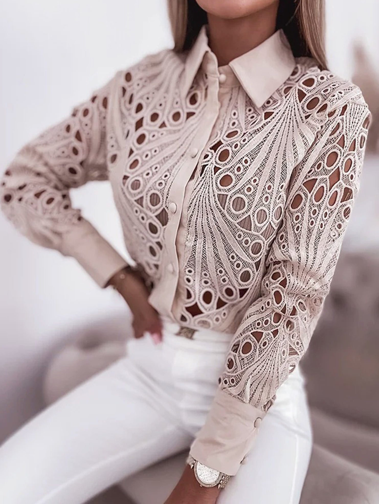 Lace Hollow Long Sleeve Shirt