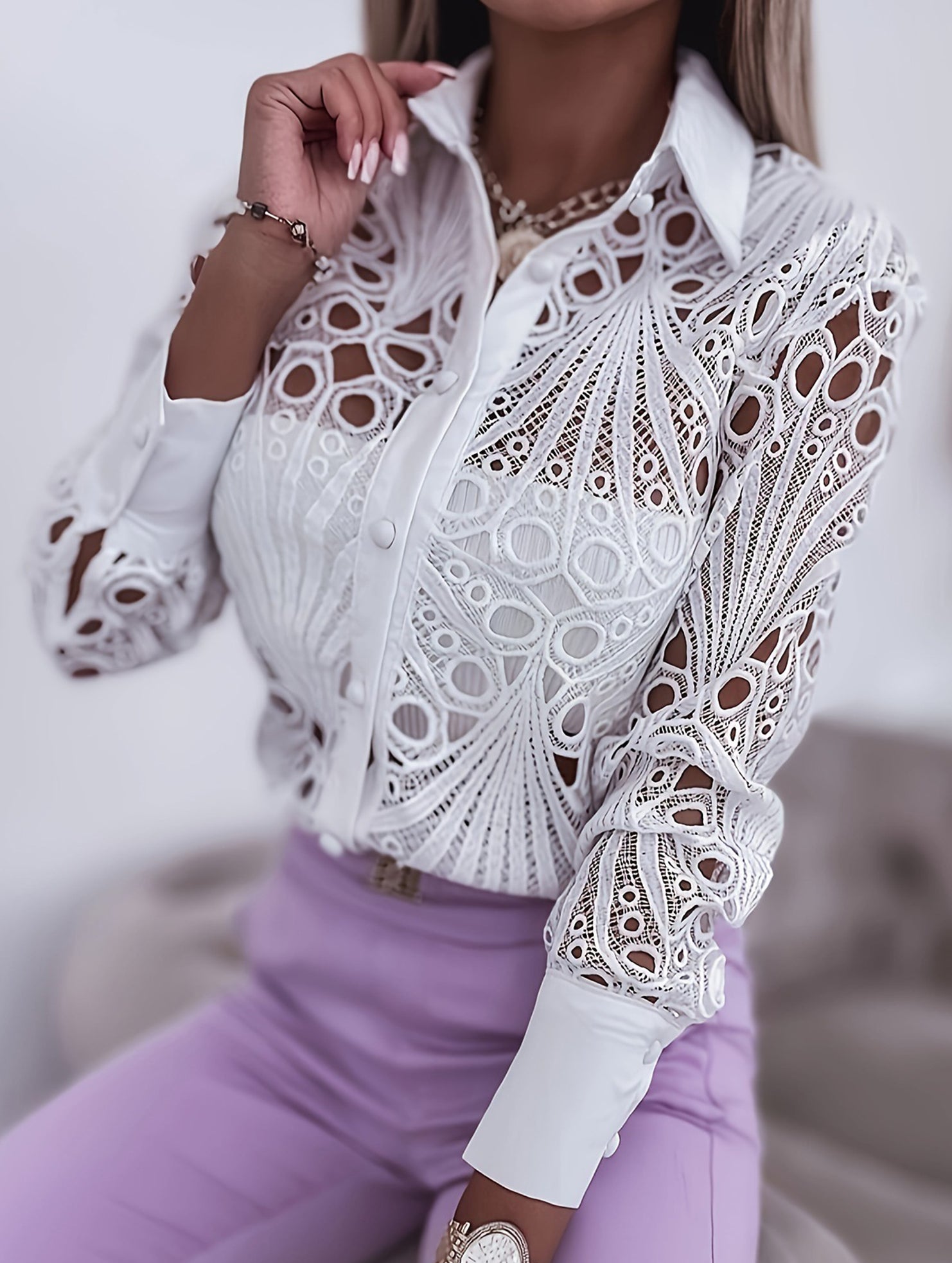Lace Hollow Long Sleeve Shirt