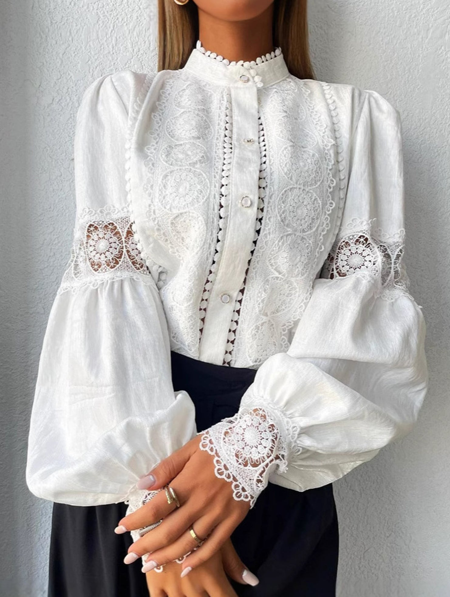 Lace Patch Lantern Sleeve Shirt