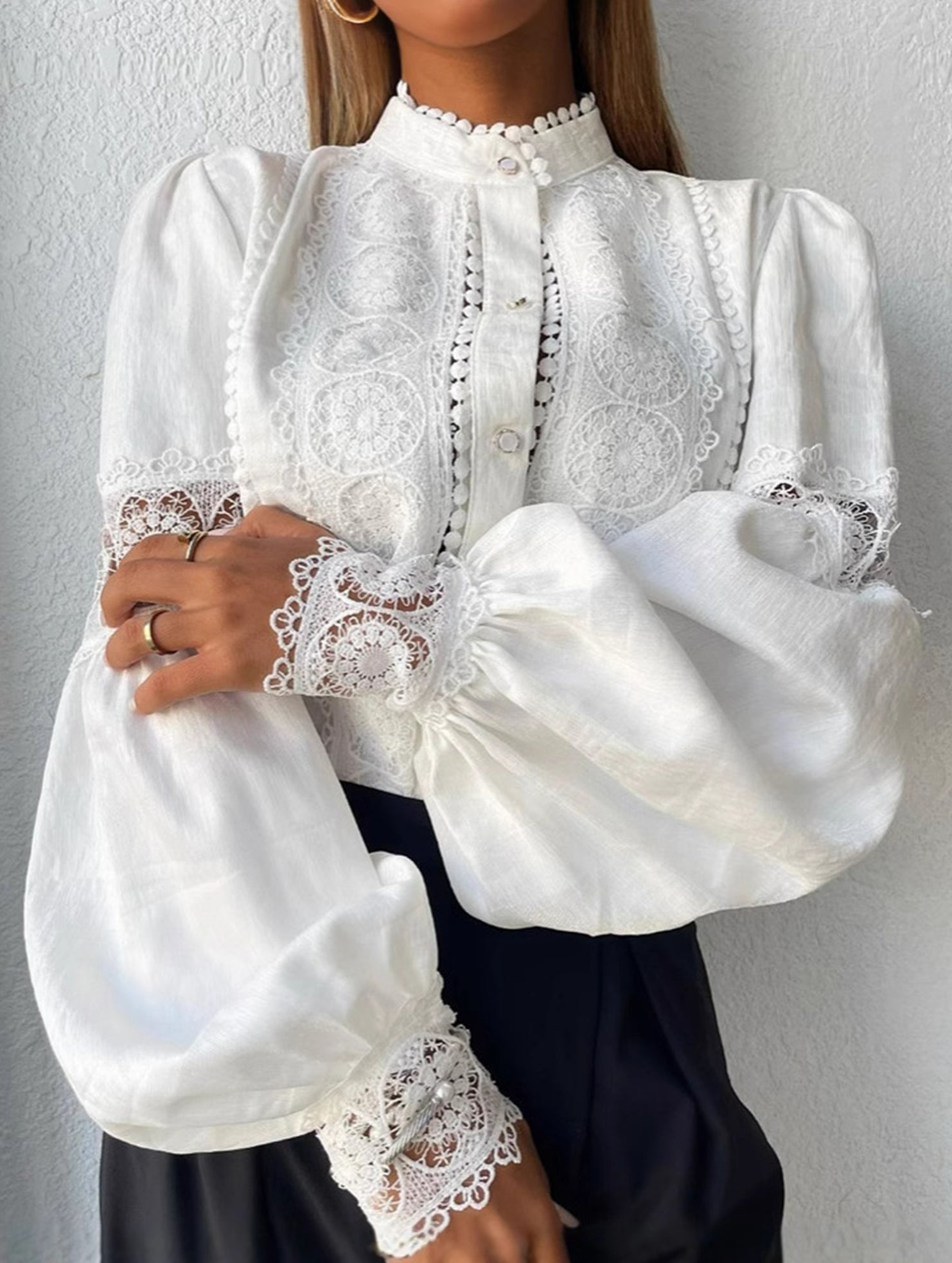 Lace Patch Lantern Sleeve Shirt