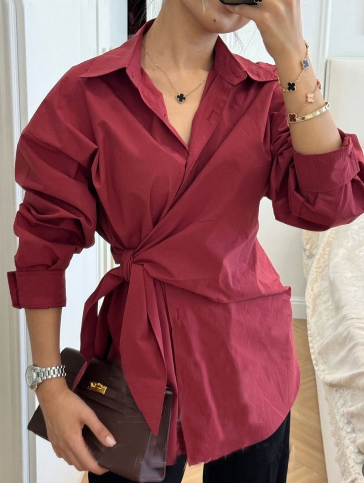 Lapel Button Tie Waist Slim Shirt