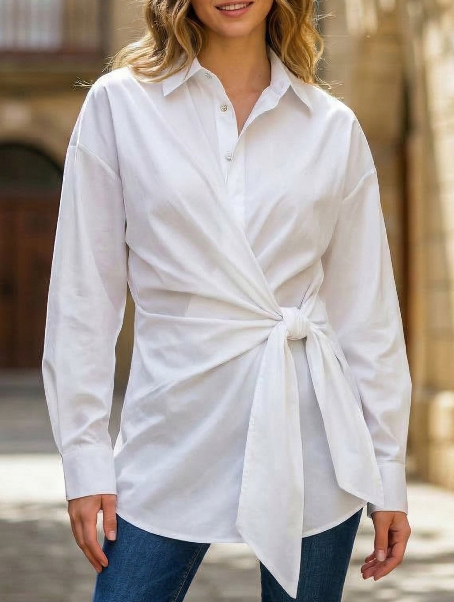 Lapel Button Tie Waist Slim Shirt