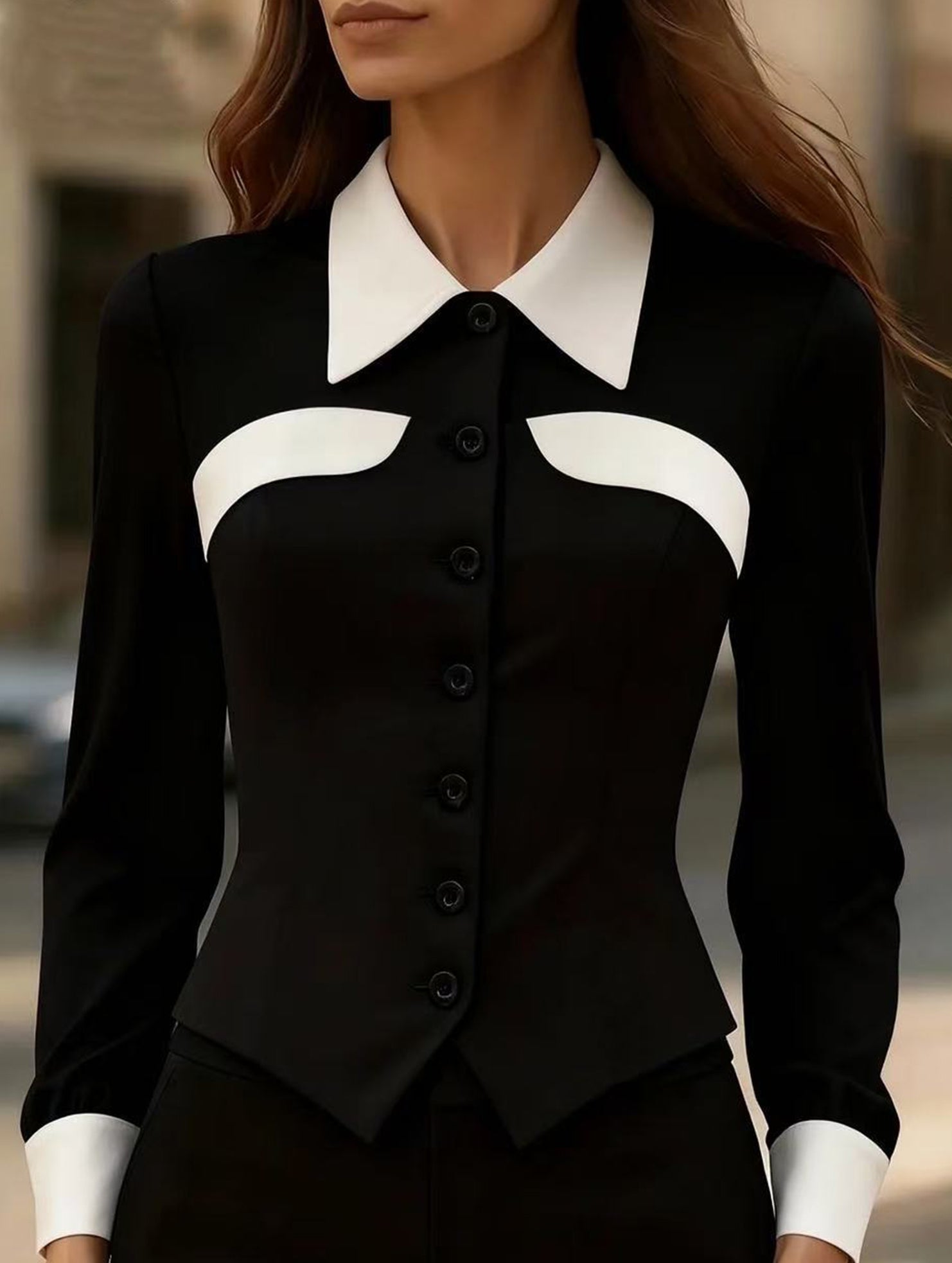 Contrast Lapel Long Sleeve Shirt