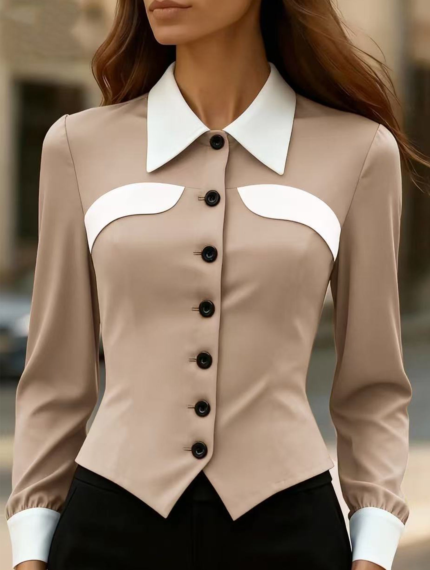 Contrast Lapel Long Sleeve Shirt