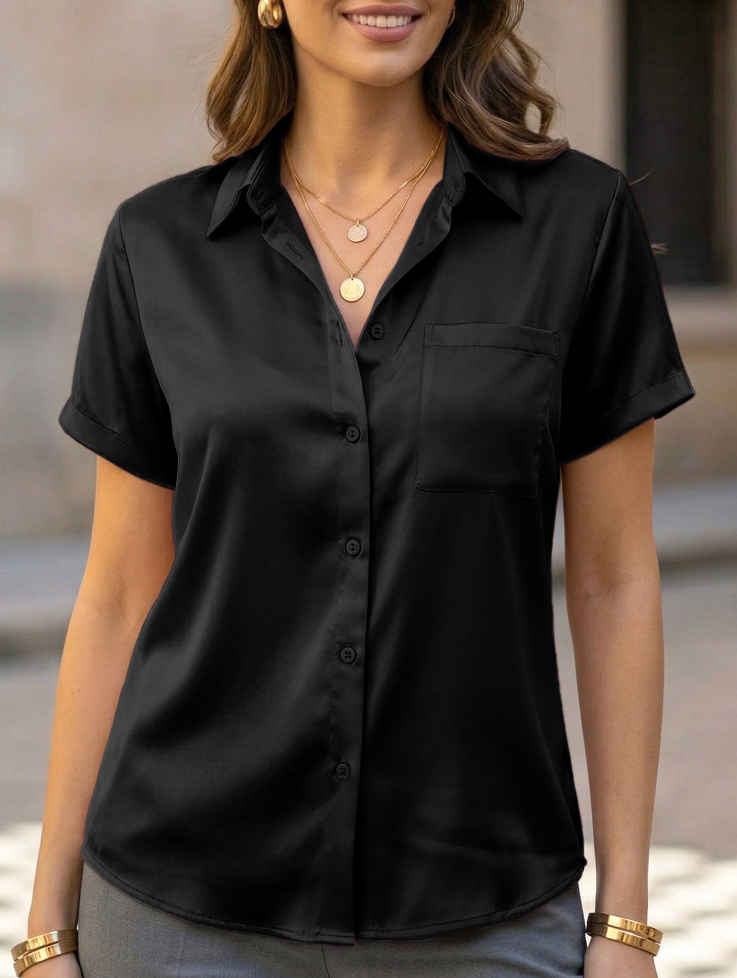 Solid Short Sleeve Lapel Shirt