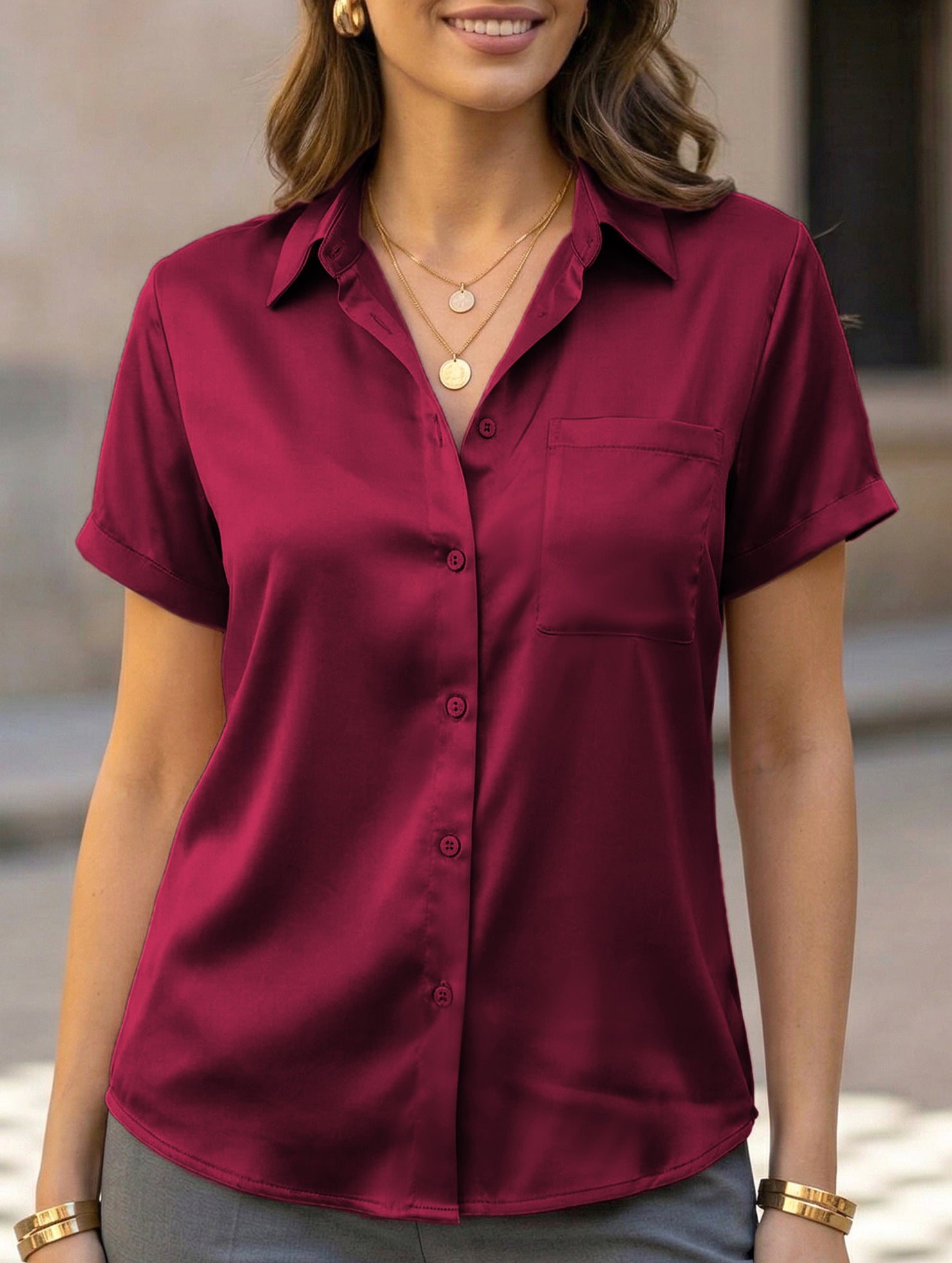 Solid Short Sleeve Lapel Shirt