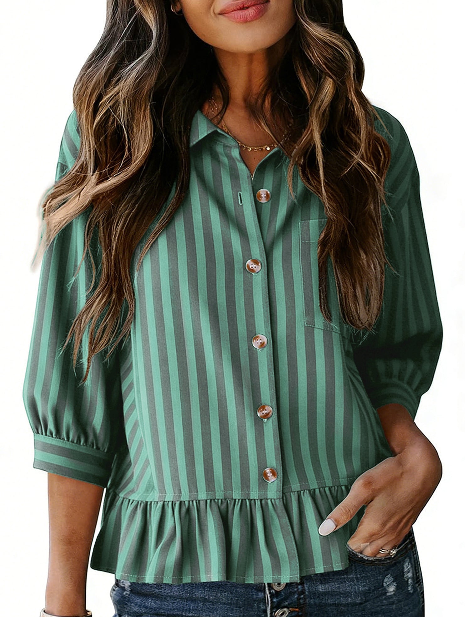 Stripe Button 3 4 Sleeve Shirt