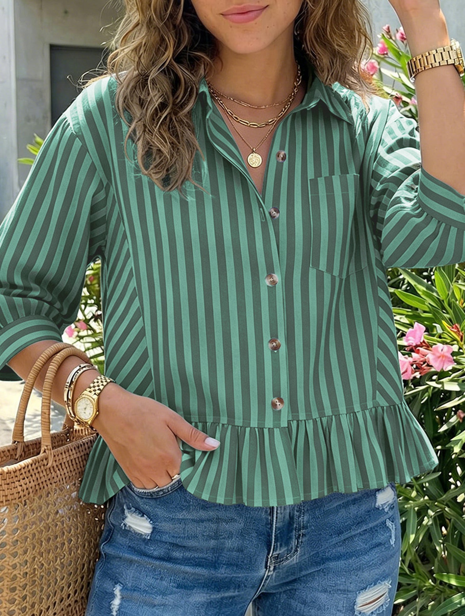 Stripe Button 3 4 Sleeve Shirt
