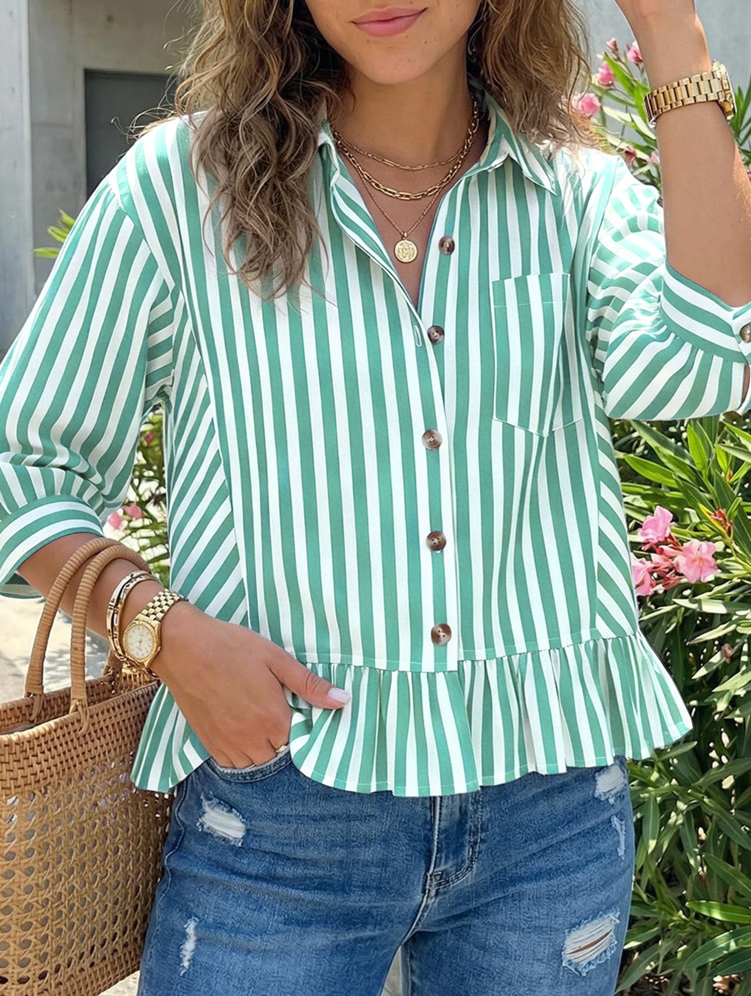 Stripe Button 3 4 Sleeve Shirt
