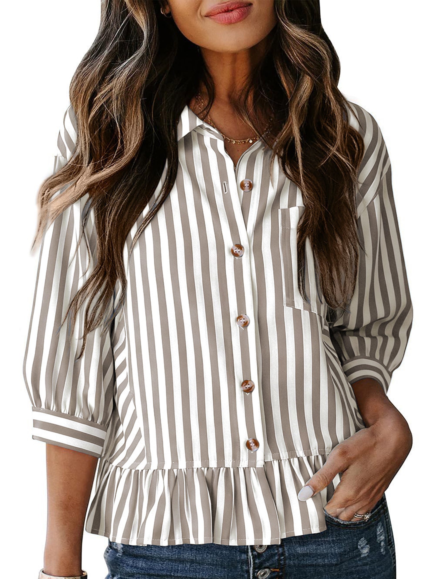 Stripe Button 3 4 Sleeve Shirt