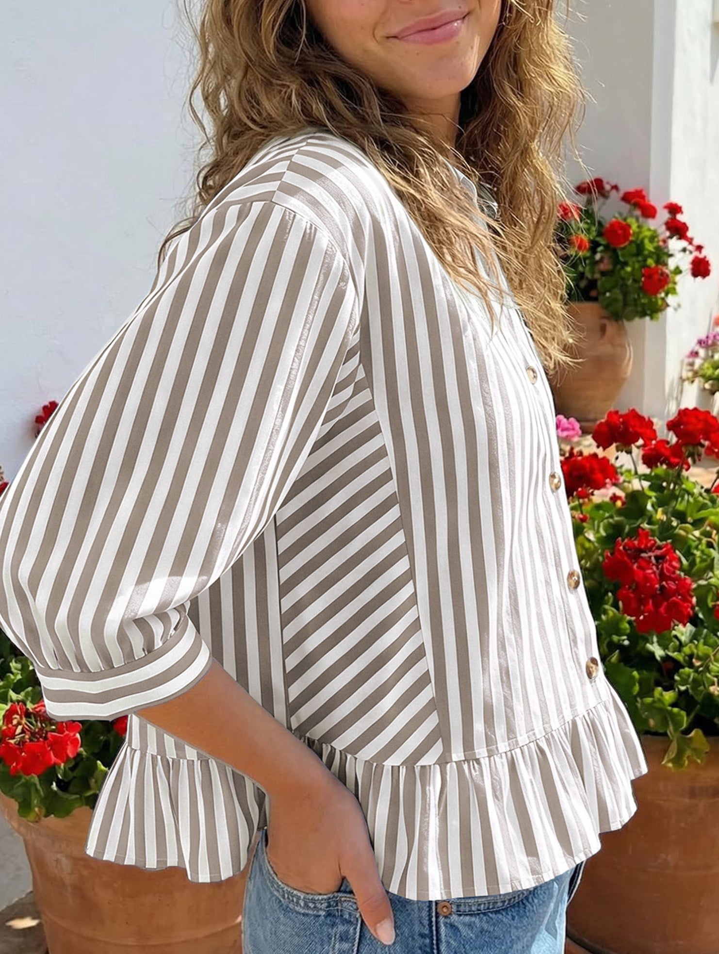 Stripe Button 3 4 Sleeve Shirt
