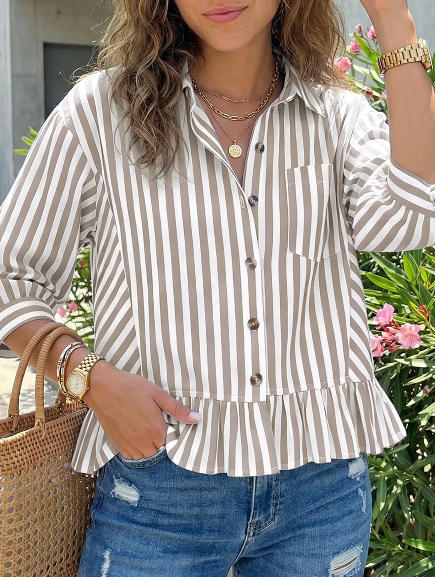 Stripe Button 3 4 Sleeve Shirt