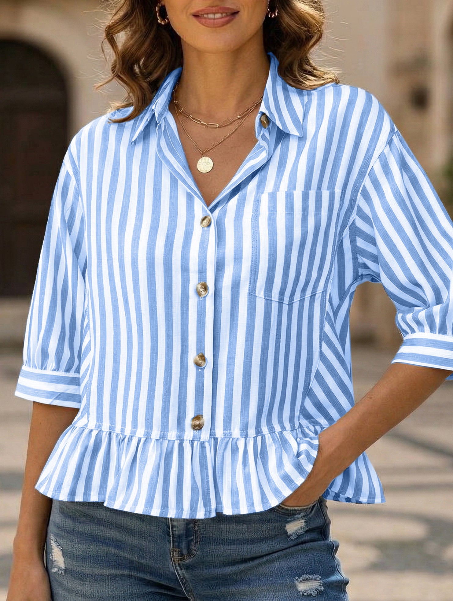 Stripe Button 3 4 Sleeve Shirt