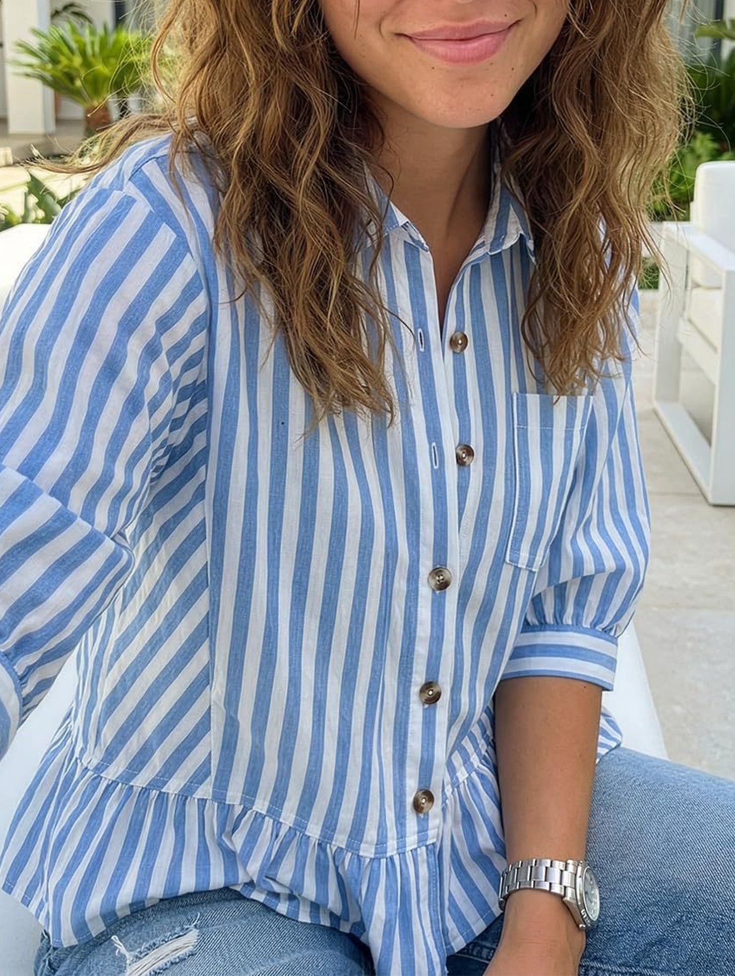 Stripe Button 3 4 Sleeve Shirt