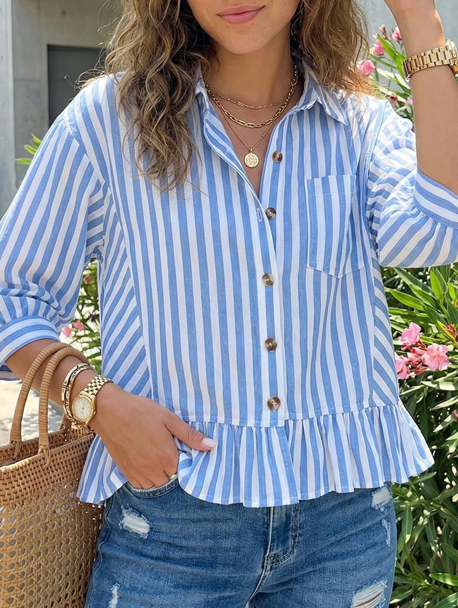 Stripe Button 3 4 Sleeve Shirt