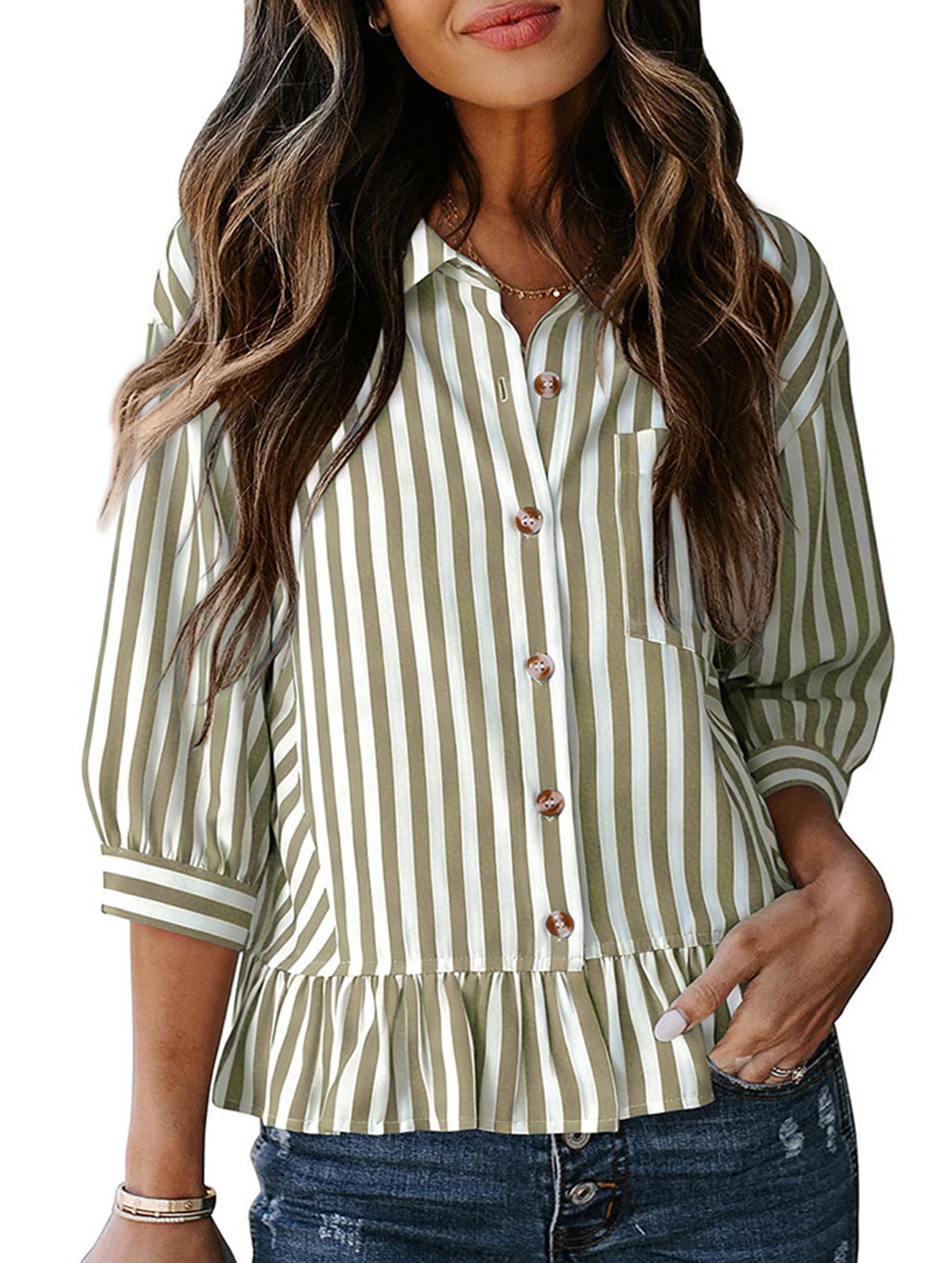 Stripe Button 3 4 Sleeve Shirt
