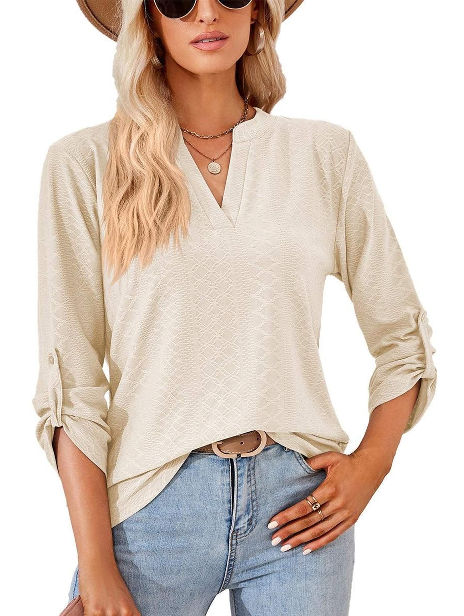THREE QUARTER SLEEVE V NECK TOP - Doublju