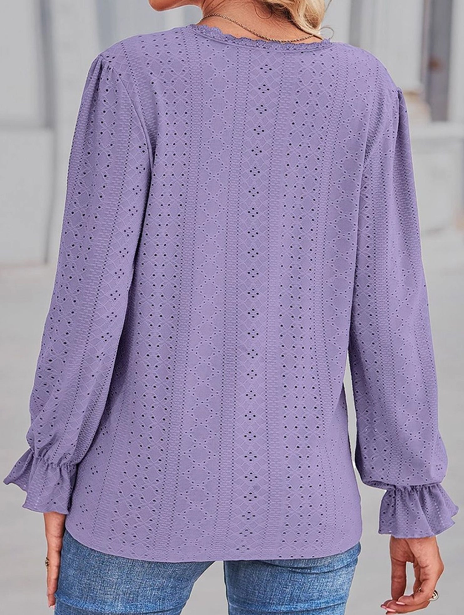 WOMEN LACE TRIM NECK EYELET LONG SLEEVE SHIRT TOP