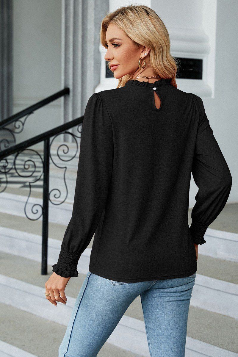 Women Flounce Ruffle Neck Smocked Cuff Blouse_Cwtstl0356