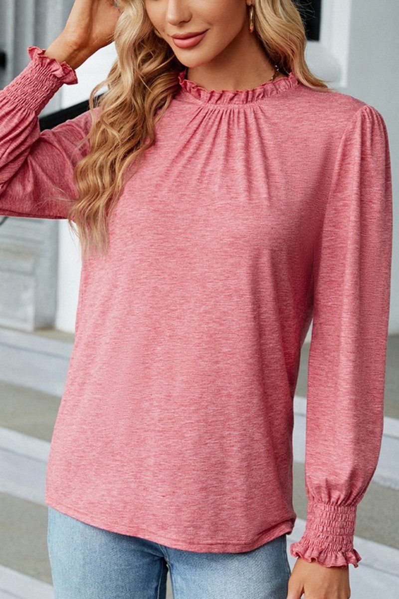 Women Flounce Ruffle Neck Smocked Cuff Blouse_Cwtstl0356