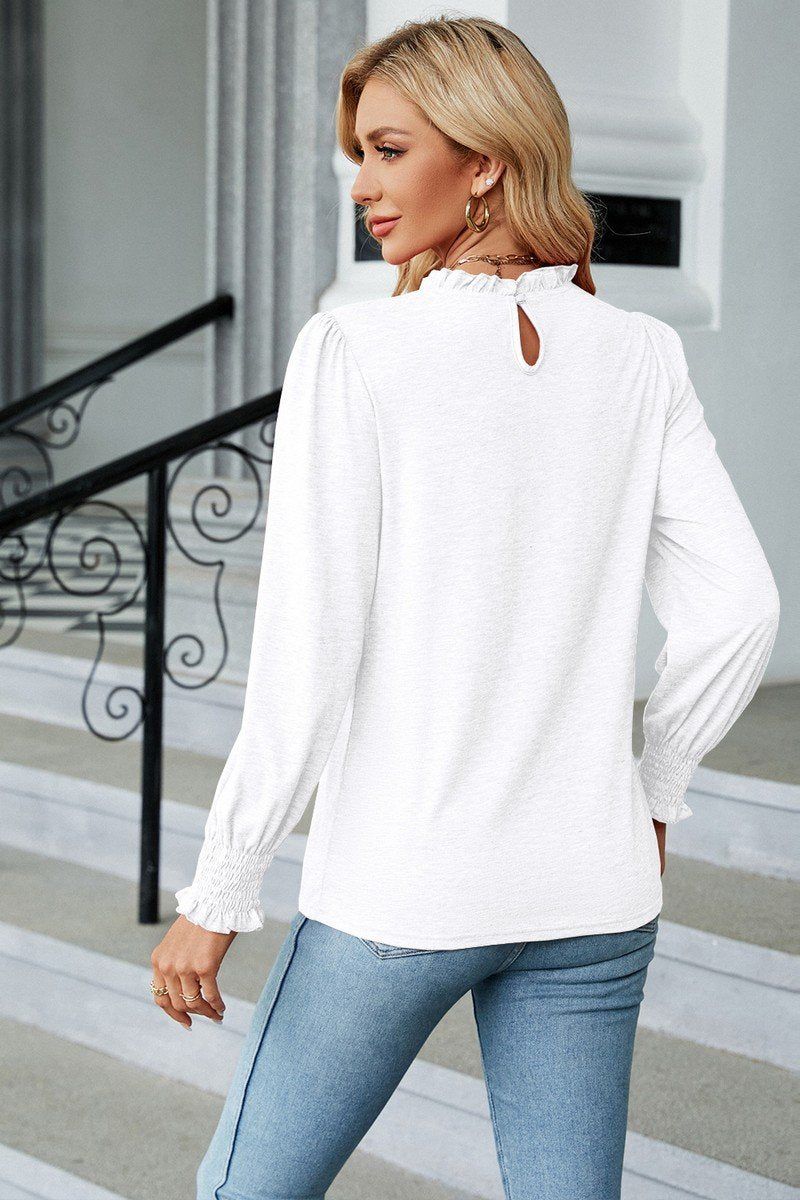 Women Flounce Ruffle Neck Smocked Cuff Blouse_Cwtstl0356