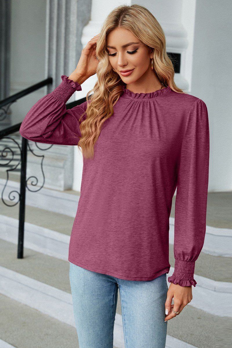 Women Flounce Ruffle Neck Smocked Cuff Blouse_Cwtstl0356