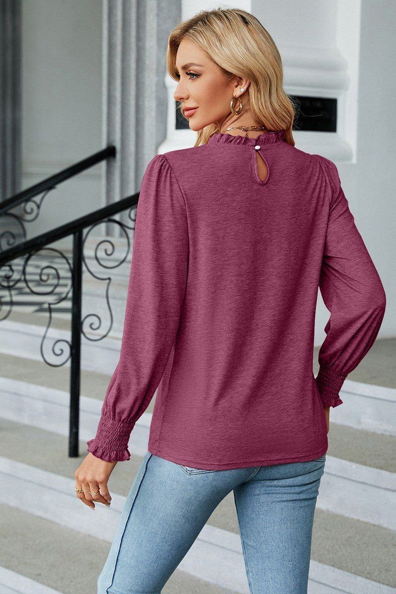 Women Flounce Ruffle Neck Smocked Cuff Blouse_Cwtstl0356