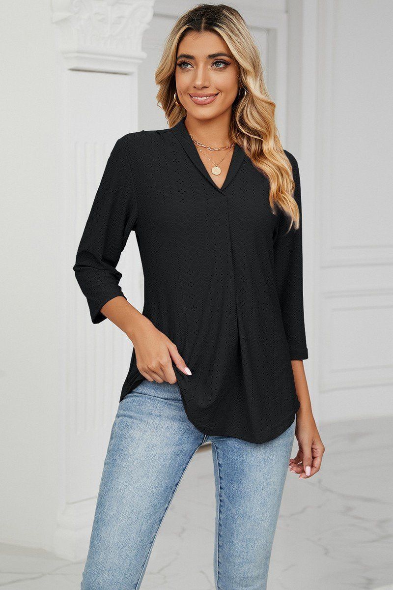 Women Eyelet Collared 3/4 Sleeved Blouse Top_Cwtstl0357