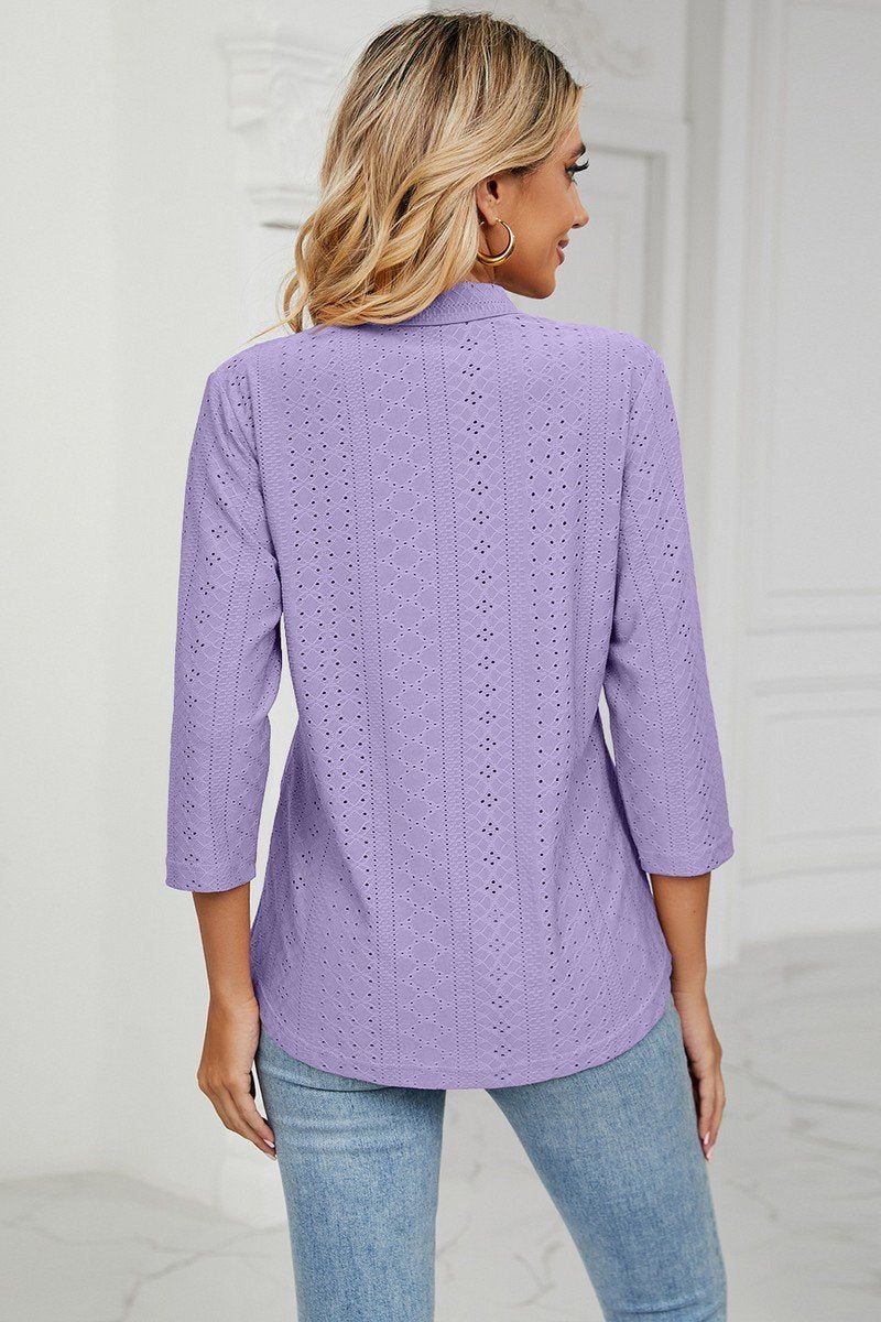 Women Eyelet Collared 3/4 Sleeved Blouse Top_Cwtstl0357