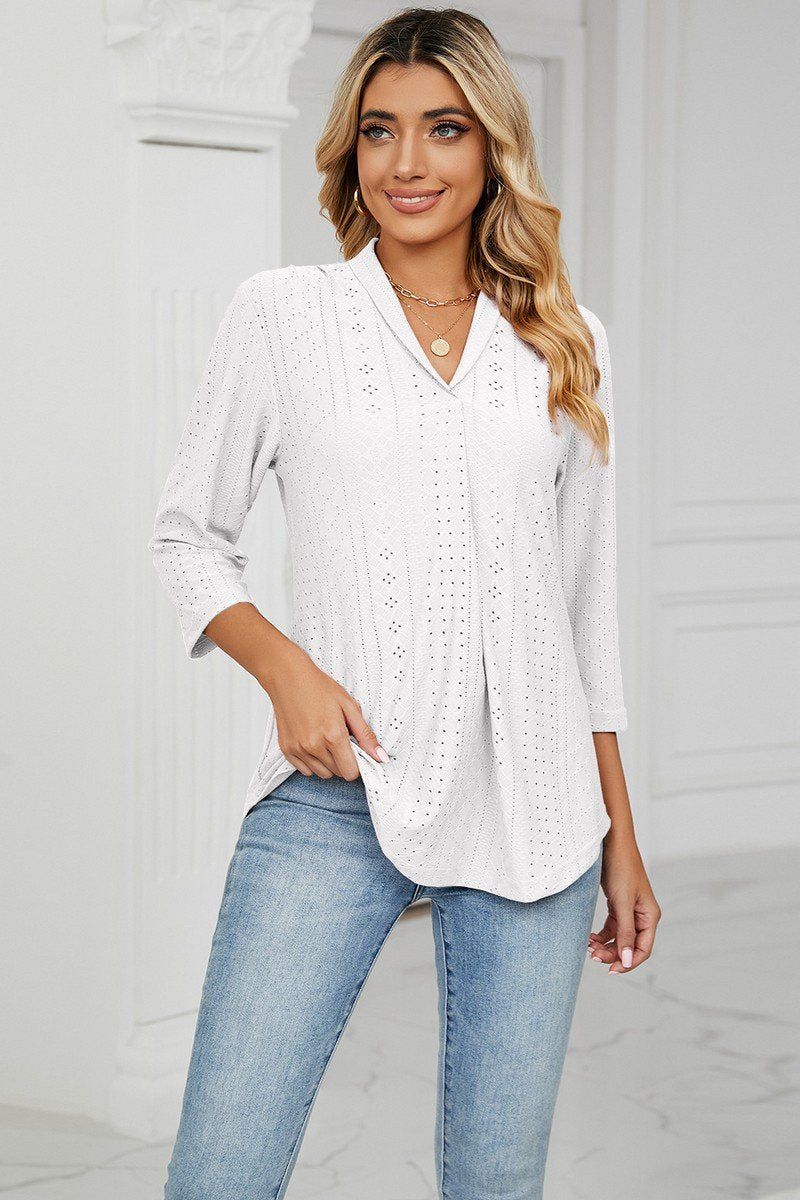 Women Eyelet Collared 3/4 Sleeved Blouse Top_Cwtstl0357