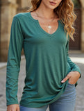 V-neck color cotton long sleeve loose T-shirt