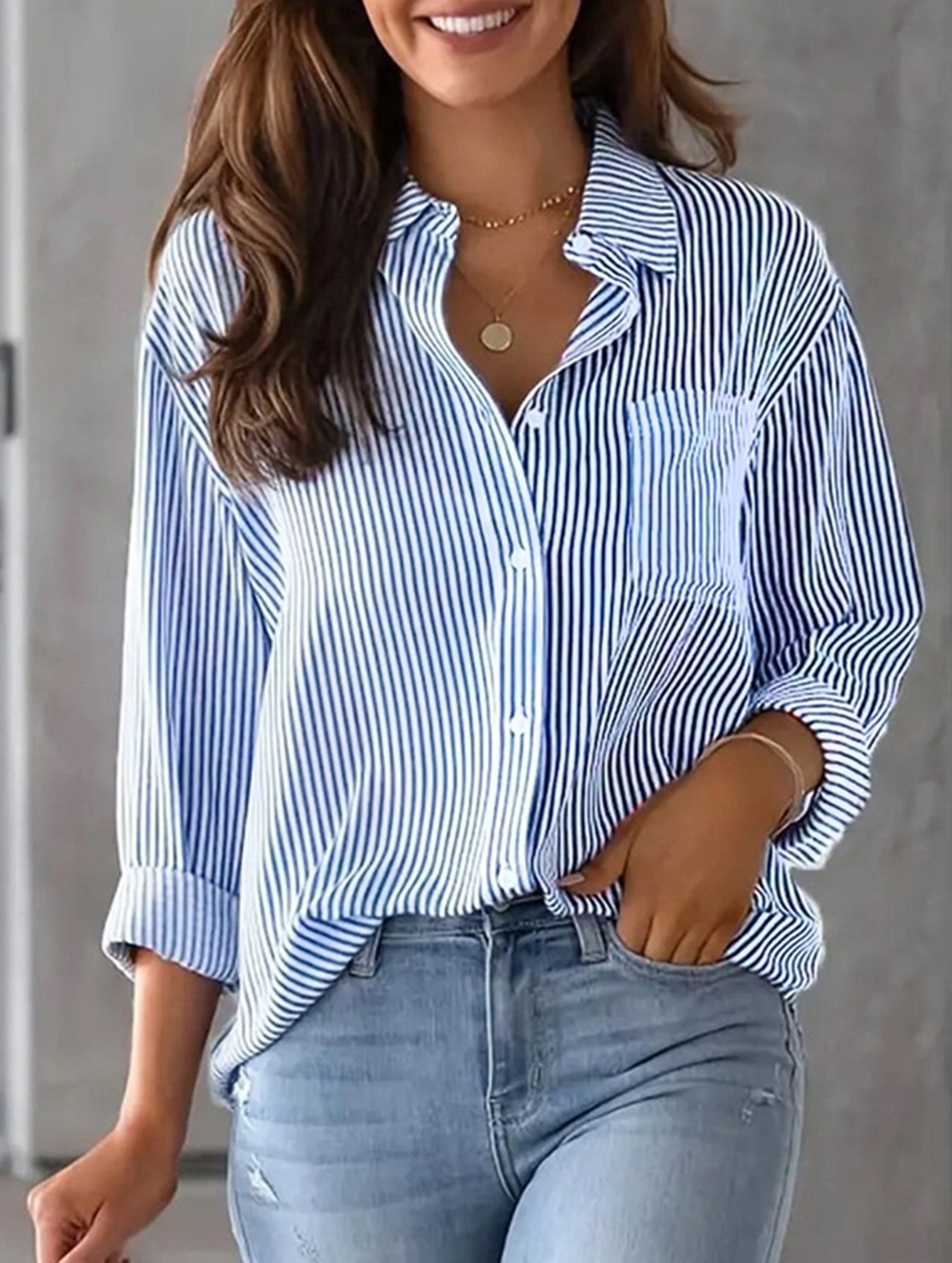 STRIPED BAGGY LAPEL LONG-SLEEVED BUTTON-UP SHIRT