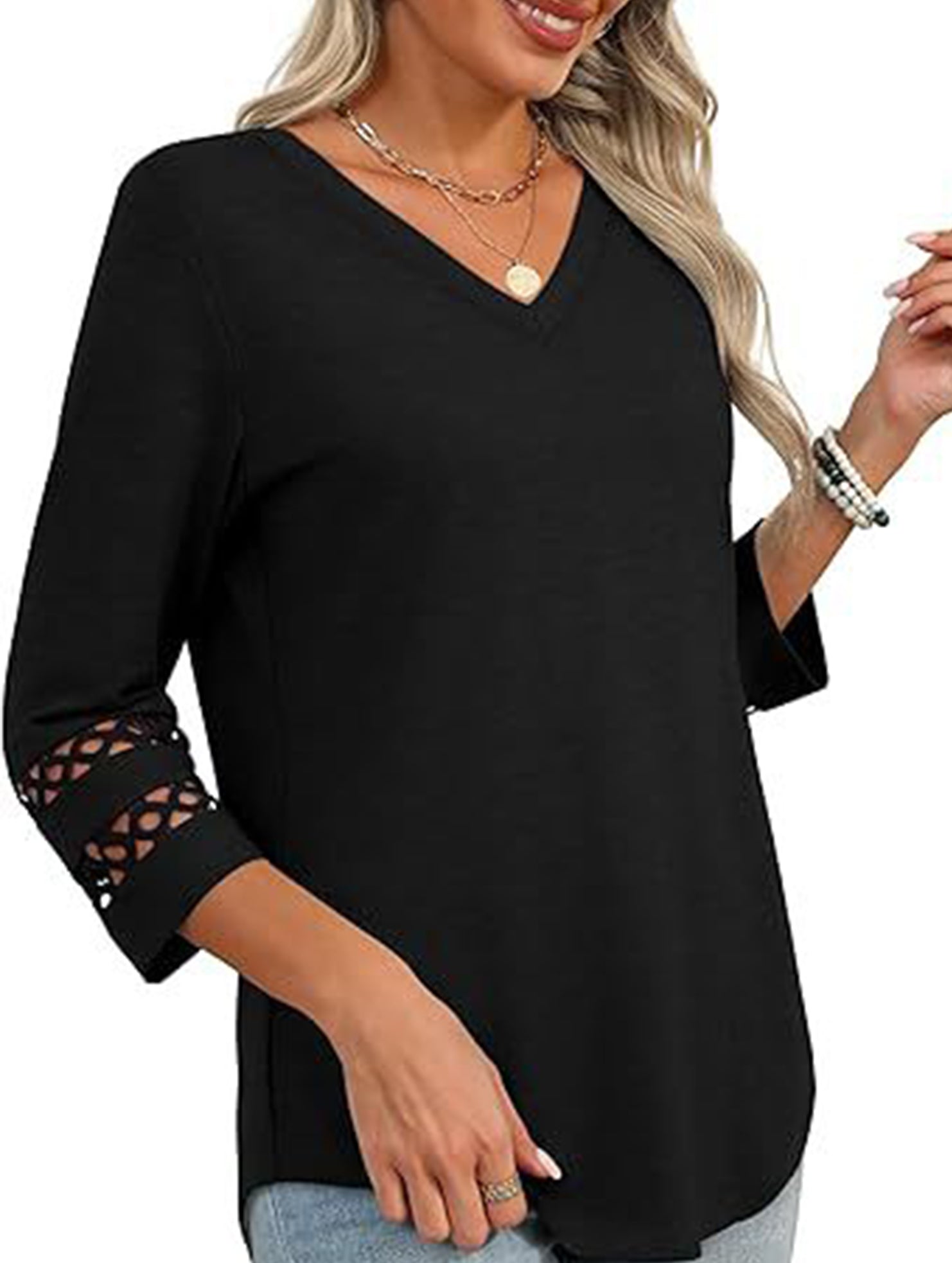 Solid color V-neck lace-trimmed top for women