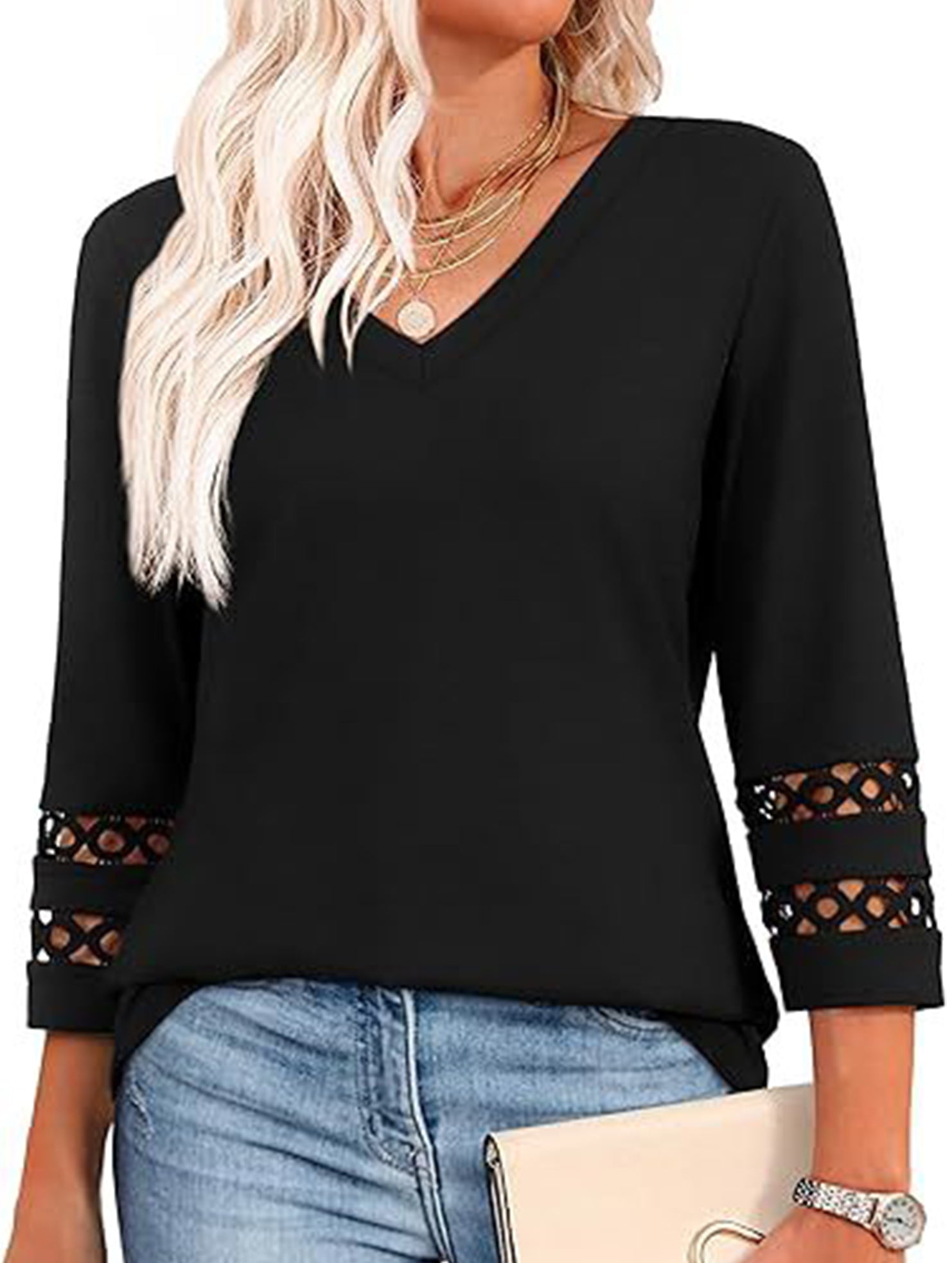 Solid color V-neck lace-trimmed top for women