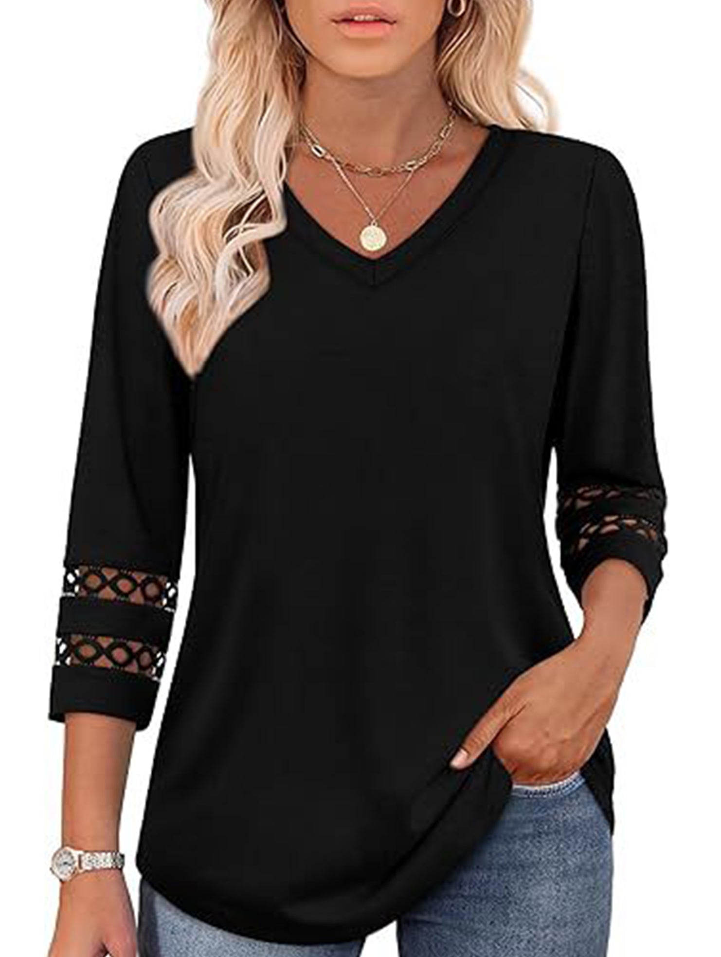 Solid color V-neck lace-trimmed top for women