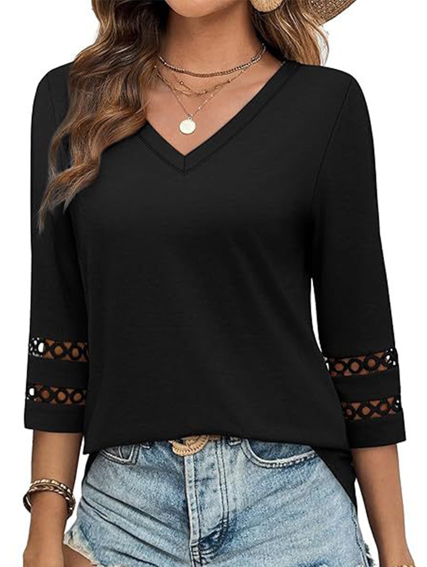 Solid color V-neck lace-trimmed top for women