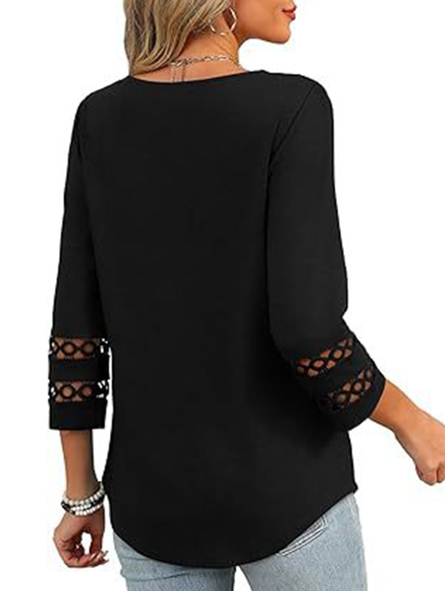 Solid color V-neck lace-trimmed top for women