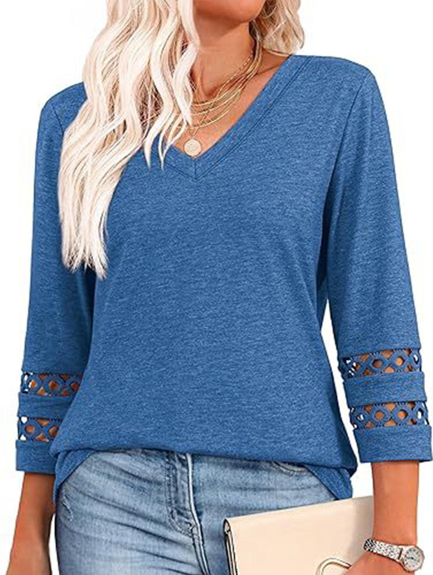 Solid color V-neck lace-trimmed top for women