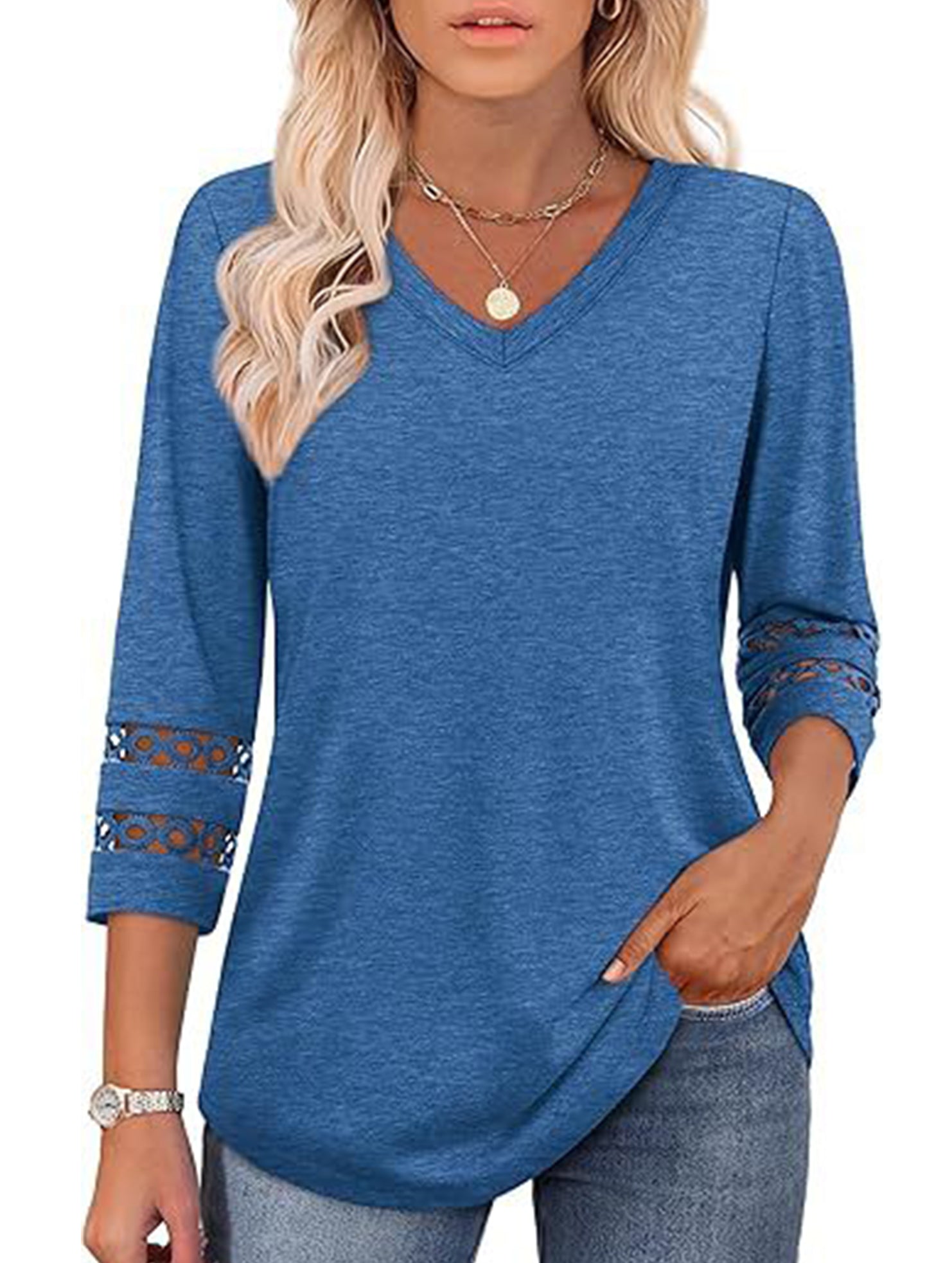 Solid color V-neck lace-trimmed top for women