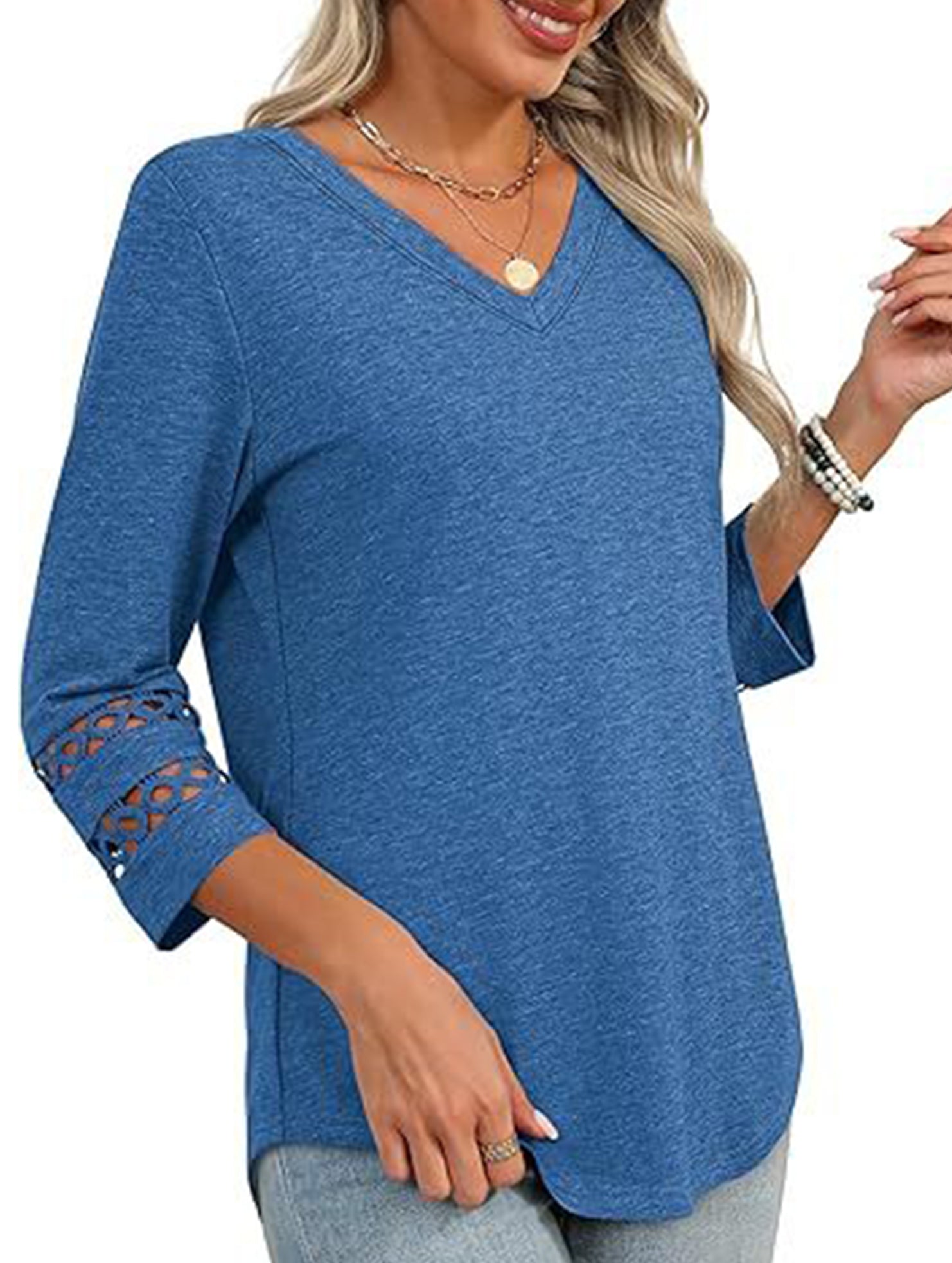 Solid color V-neck lace-trimmed top for women