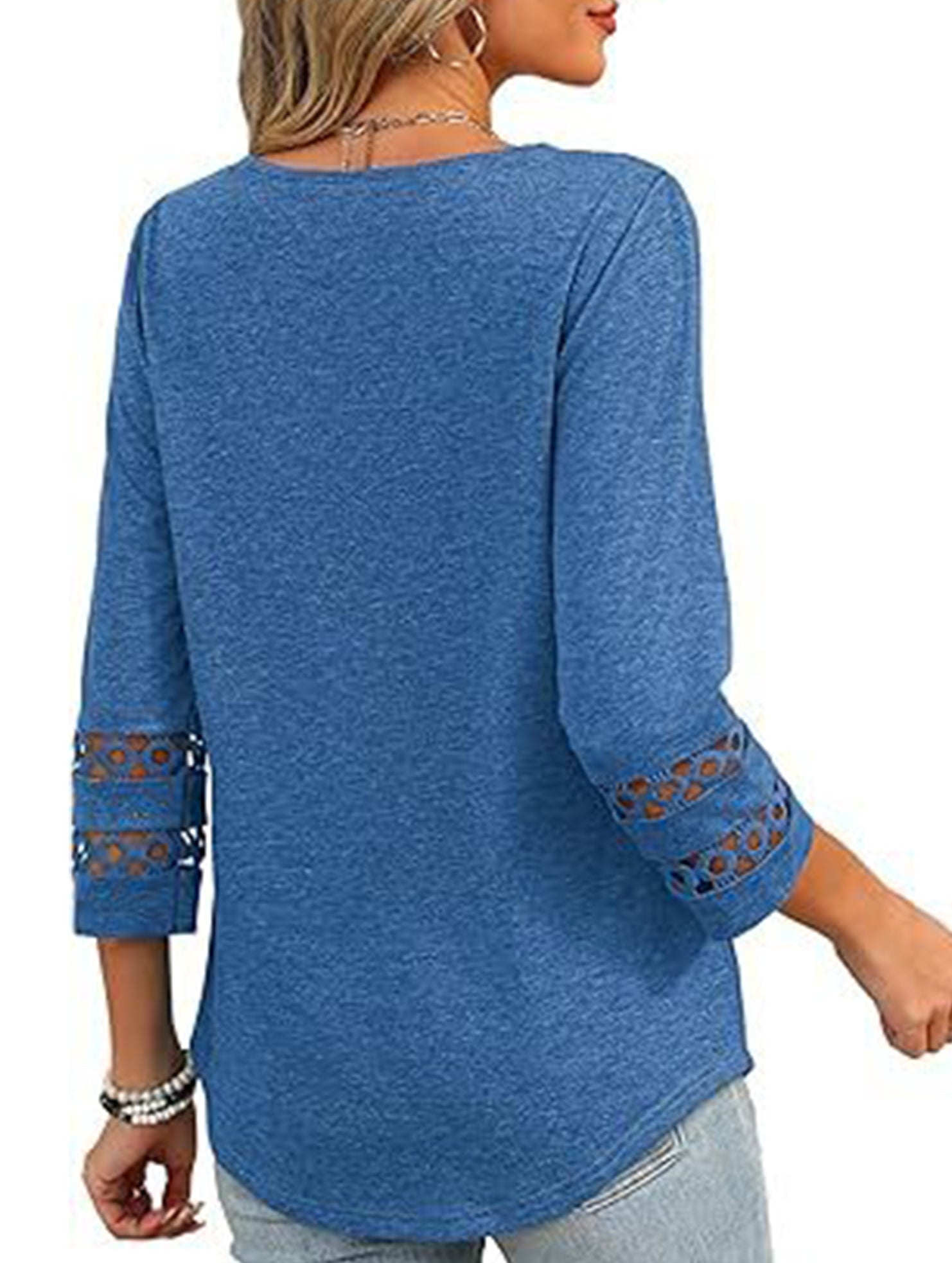 Solid color V-neck lace-trimmed top for women
