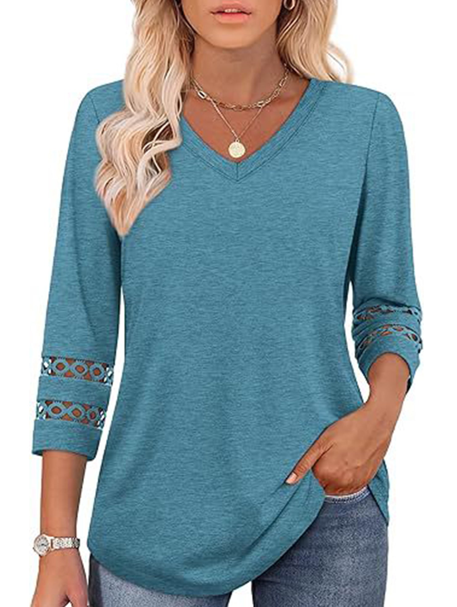 Solid color V-neck lace-trimmed top for women
