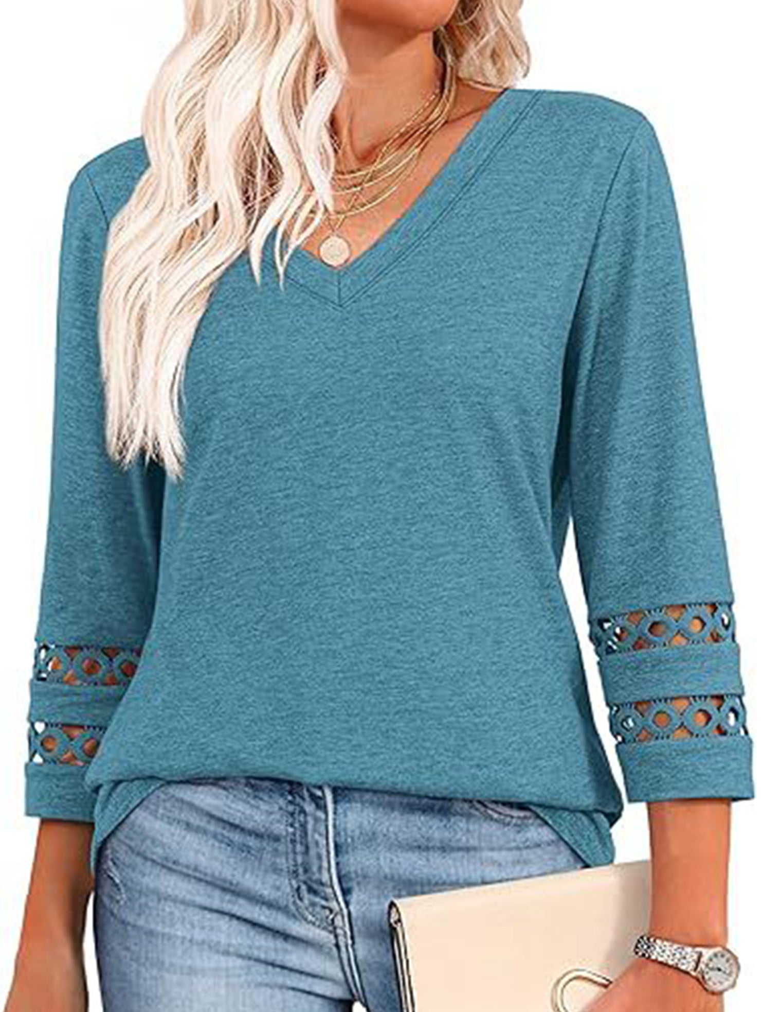 Solid color V-neck lace-trimmed top for women