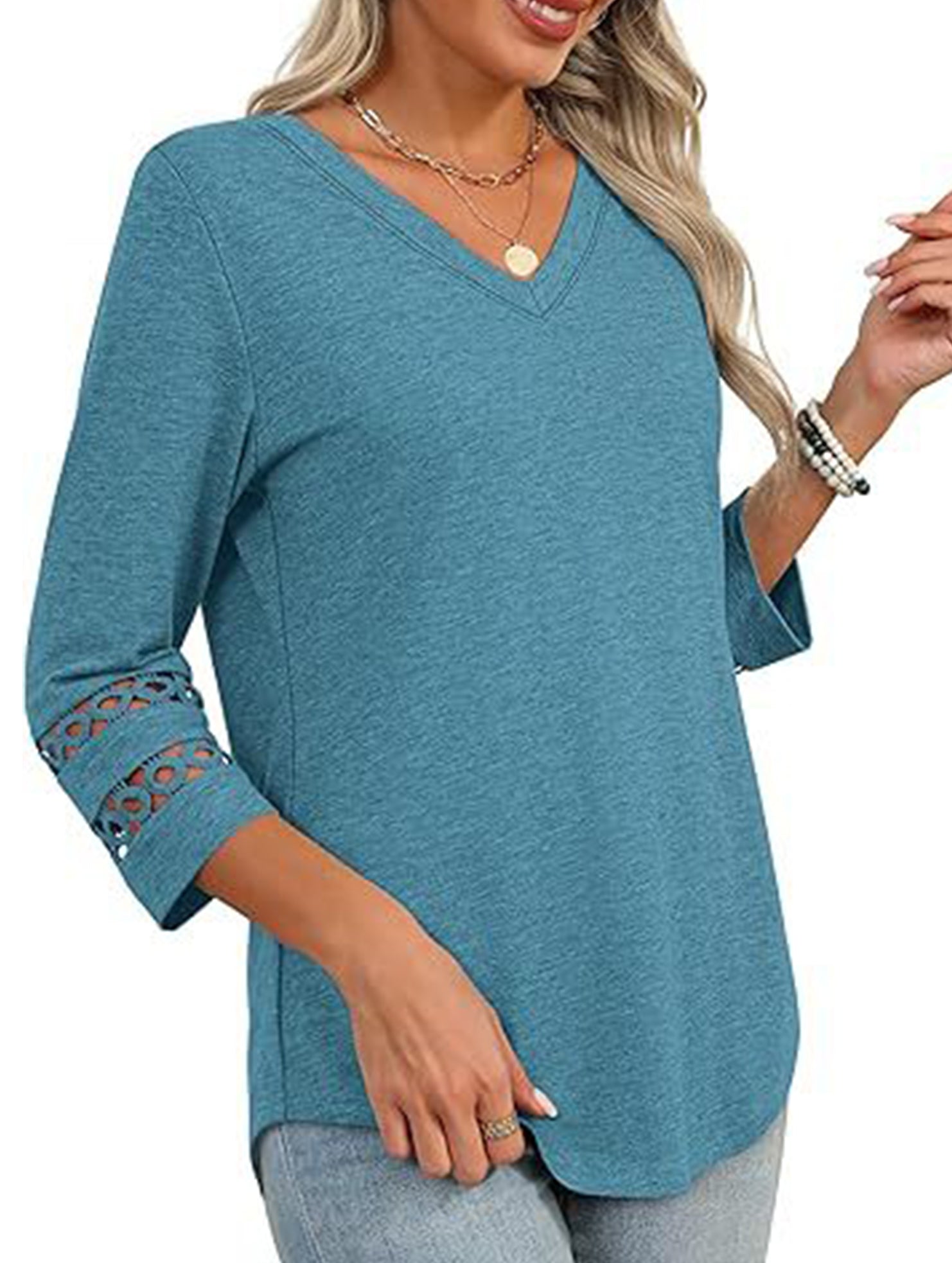 Solid color V-neck lace-trimmed top for women