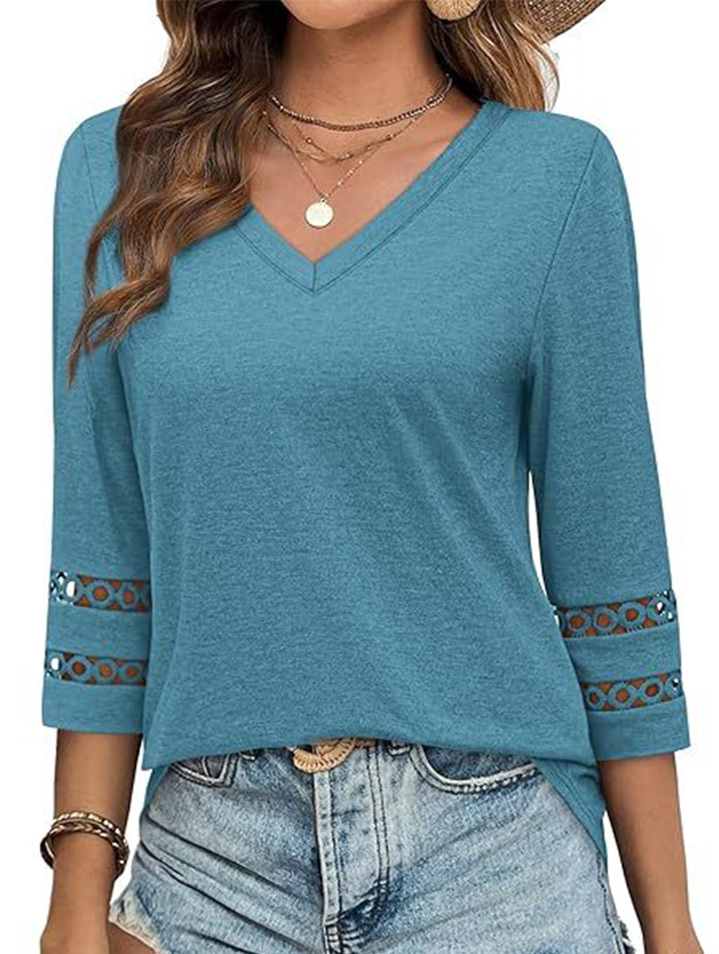 Solid color V-neck lace-trimmed top for women
